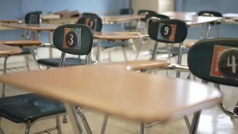Empty School Classroom With Desks Arranged for Learning Activities Stock Footage 295933021