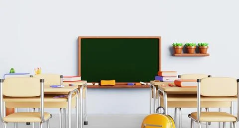 Empty school classroom, education class with chalkboard, wooden tables and 스톡 일러스트