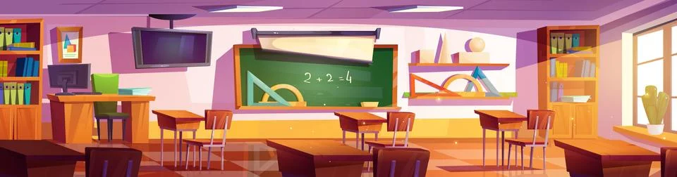 Empty school classroom interior with desk vector Stock Illustration