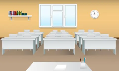 Empty school classroom. Realistic Classroom interior with large window and front Stock Illustration