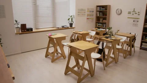 Empty School Classroom with Rows of Wooden Desks Stock Footage 328323686
