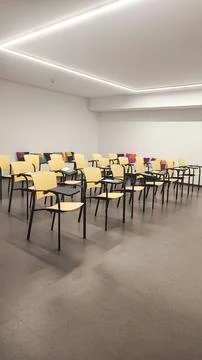 Empty school classroom with test sheet or exam paper on desks, chair. Stock Photos