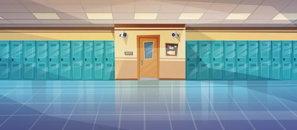 Empty School Corridor Interior With Row Of Lockers Horizontal Banner Stock Illustration