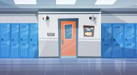 Empty School Corridor Interior With Row Of Lockers Horizontal Banner Stock Illustration