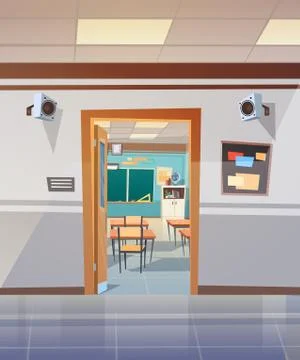 Empty School Corridor With Open Door To Class Room Stock Illustration