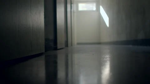 Empty school corridor with reflective floor and diagonal daylight Video stock 347221470