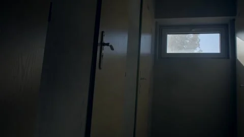 Empty school corridor with sunlit doors and diagonal window light Video stock 347221561