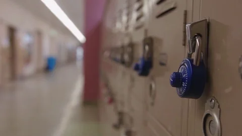 Empty School Hallway, Locker Padlocks, Slider Shot Stock Footage