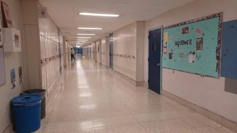 Empty School Hallway White Blue Stock Photos