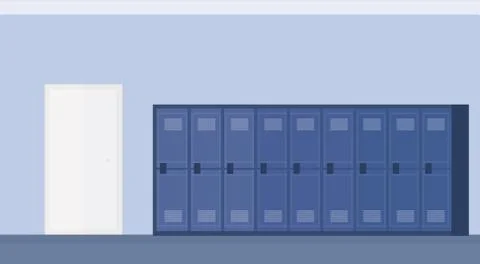Empty school lobby corridor interior with row of blue lockers horizontal banner Stock Illustration