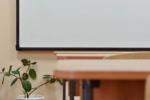 Empty school office. empty school class with desks. view of the blackboard. c Foto stock