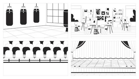Empty school rooms black and white line illustrations set Stock Illustration