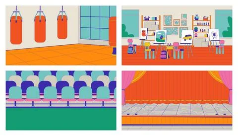 Empty school rooms cartoon flat illustrations set Stock Illustration