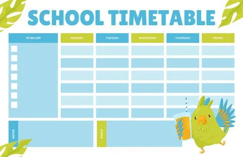 Empty School Timetable with Green Parrot Funny Bird Vector Template イラスト素材