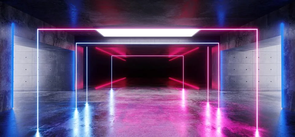 Empty Sci Fi Futuristic Concrete Hall Garage Underground Room Neon Glowing La Illustrazione stock