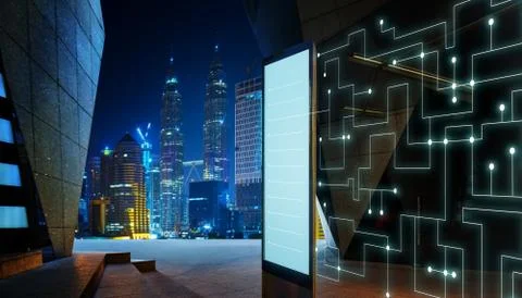 Empty screen billboard with intelligent communication design network of thing Stock Photos