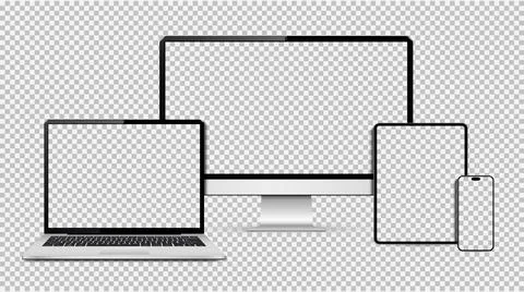 Empty screen computer, laptop, tablet, smartphone mockup. Set technology devi Stock Illustration