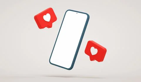 Empty screen floating phone mockup with social media like buttons. Cellphone  Fotos de archivo