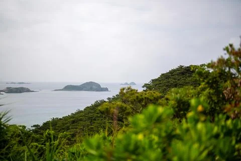 Empty sea and mountain road in spring at Aka Island, Zamami Village, Okinawa Stockfoto's