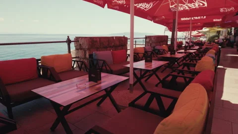 Empty seaside cafe terrace with Adriatic Sea view in Opatija 스톡 동영상 339317735