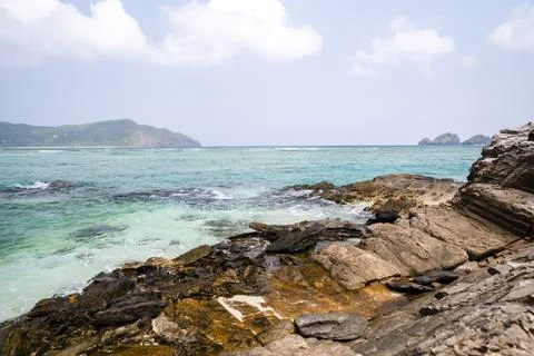 Empty seaside in spring at Aka Island, Zamami Village, Okinawa Prefecture, Japan Stockfoto's