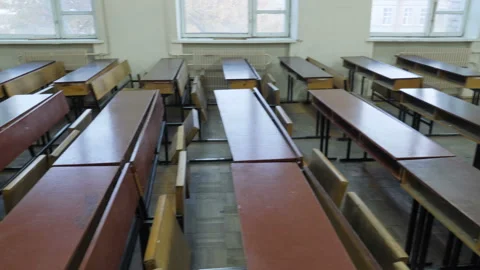 Empty Seats And Rows Of Desks In Lecture Room. Concept: Old School, Meeting Stock Footage 164144942