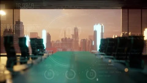 Empty seats of the elected. Futuristic smart city in the background and the  Stock Footage 258809312