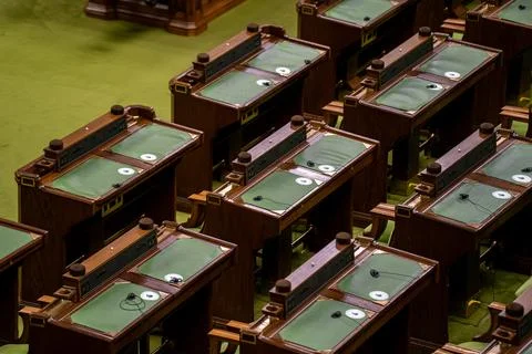 Empty seats inside House of Commons at Canada Parliament. Ottawa, Canada - Stock-Fotos