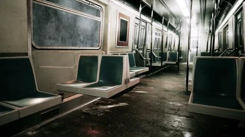 Empty seats in a metro train car with a blackboard on the wall Stock Illustration