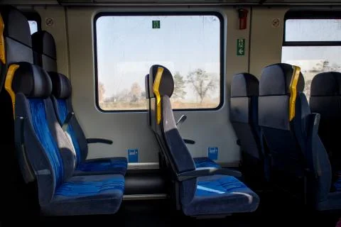 Empty seats in a second class carriage on a train Foto stock