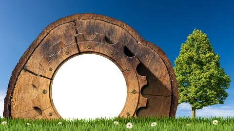 Empty Section of a Tree Trunk with Wooden Cogwheel on Green Meadow Stock Photos