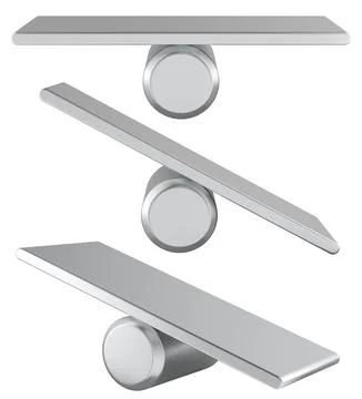 Empty Seesaws Balance set. Balanced and Unbalanced, metallic scales. 3D ren.. Stock Illustration