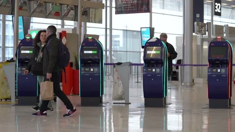 Empty self check-in kiosk at the Orly Airport in South Paris, France, Stock Footage 239364783