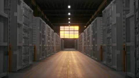 Empty Self Storage Facility Corridor Sunset Window Light Background Stock Footage 337814307