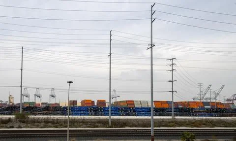 Empty Semi trucks stacked trailers for delivery of shipping containers. Tariffs Stock Photos