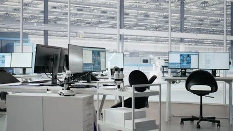 Empty semiconductor engineering office with computers Stock Footage 335880722