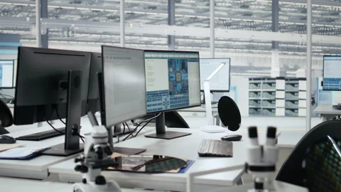 Empty semiconductor engineering office with computers Stock Footage 335882665