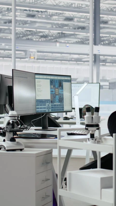 Empty semiconductor engineering office with computers Stock Footage 335883319