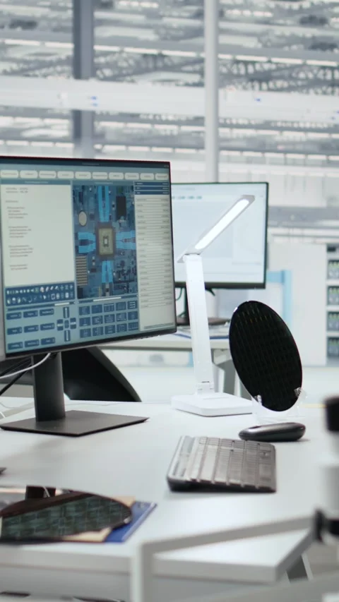 Empty semiconductor engineering office with computers Stock Footage 335883723