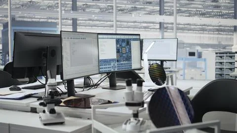 Empty semiconductor engineering office with computers Stock Photos