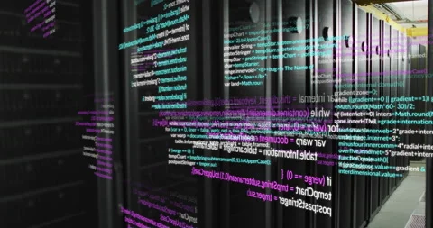 Empty server rack corridor showing code overlay fading in, swirling, growing to Stock Footage 314791022