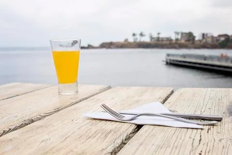 Empty Set In Restaurant With Sea View Foto stock