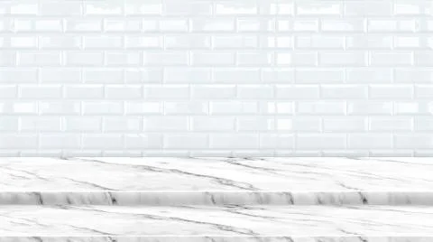 Empty setp marble marble table top with white ceramic tile wall background,Mo Stock Photos