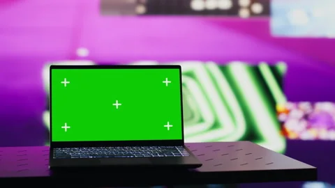 Empty setting with pc running isolated copy space display under colorful visuals Video stock 310968029