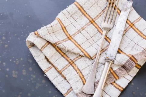 Empty setup with stone, fork and knife Stock Photos