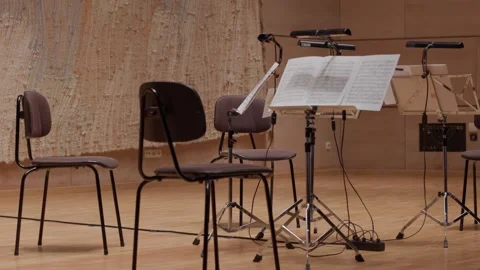 Empty setup for string quartet at concert stage Stock Footage 318290888