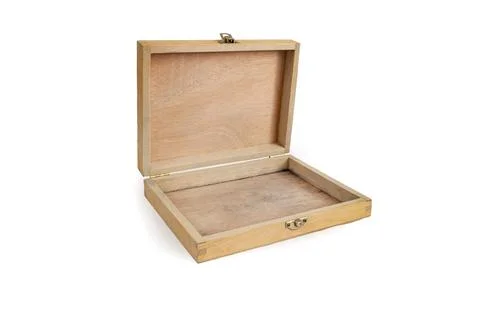 Empty shallow wooden case with open lid, abstract backdrop for product plac.. Stock Photos