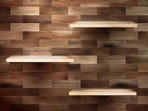 Empty shelf for exhibit on wood background. EPS 10 Stock Illustration