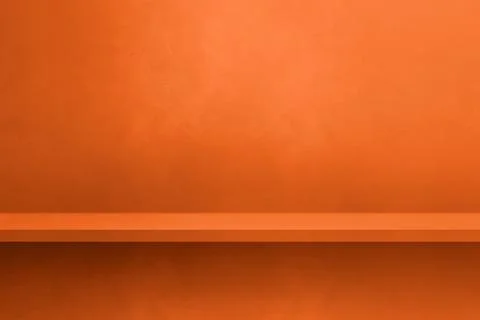 Empty shelf on a neon orange concrete wall. Background template. Horizontal.. 库存插图
