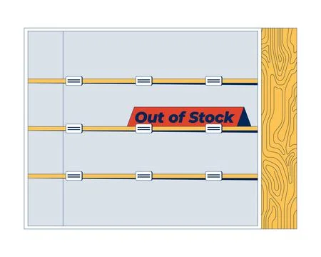 Empty shelf with out of stock red sign 2D cartoon object Stock Illustration